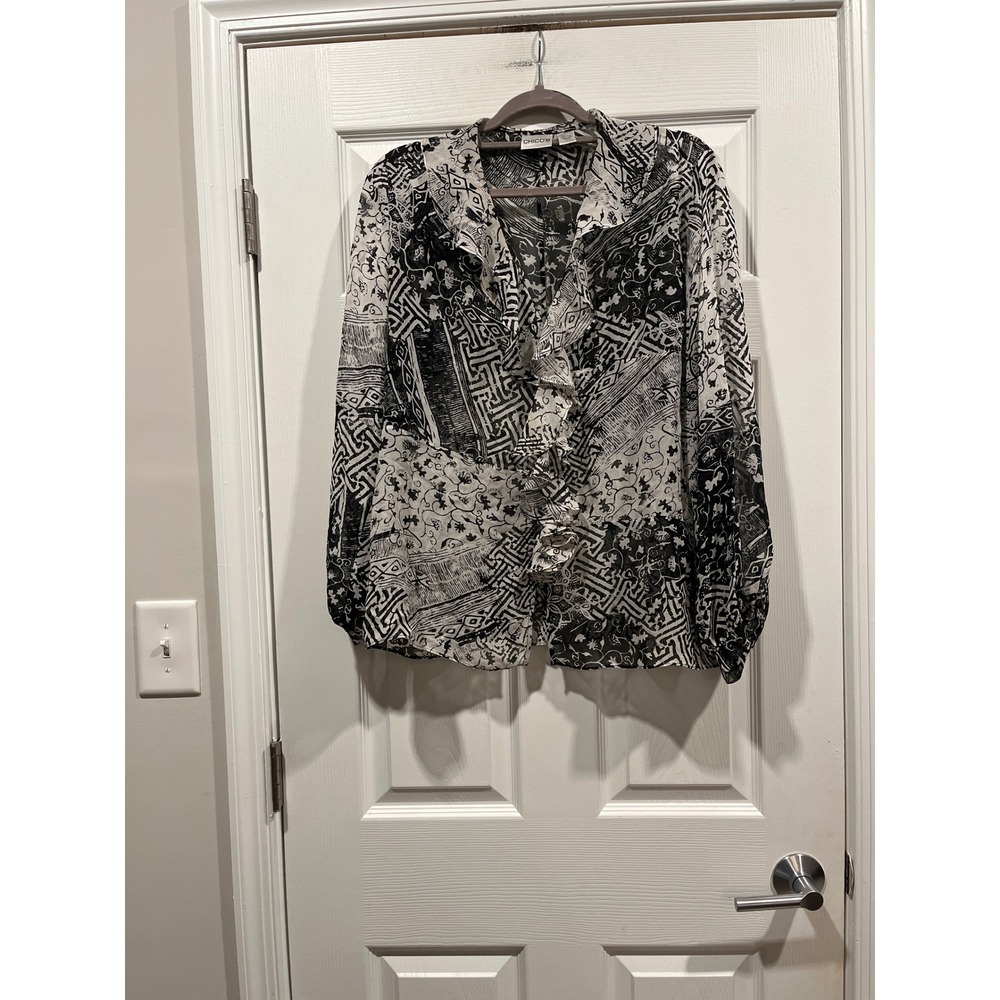 Chicos Silk Blouse Black White Abstract Ruffle Neck Sheer Top Size 2 L Large